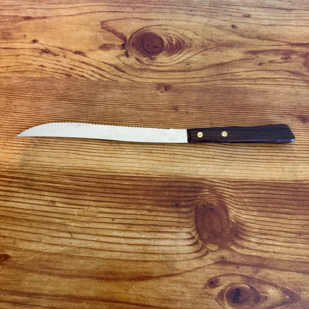 Vintage‎ Stainless Steel Serrated Steak Knife Dark Wood Handle Japan Tableware